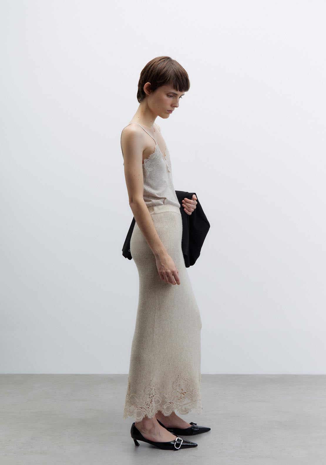 Sfera Lace detail midi skirt - Melange Mink 13 Shaws Department Stores