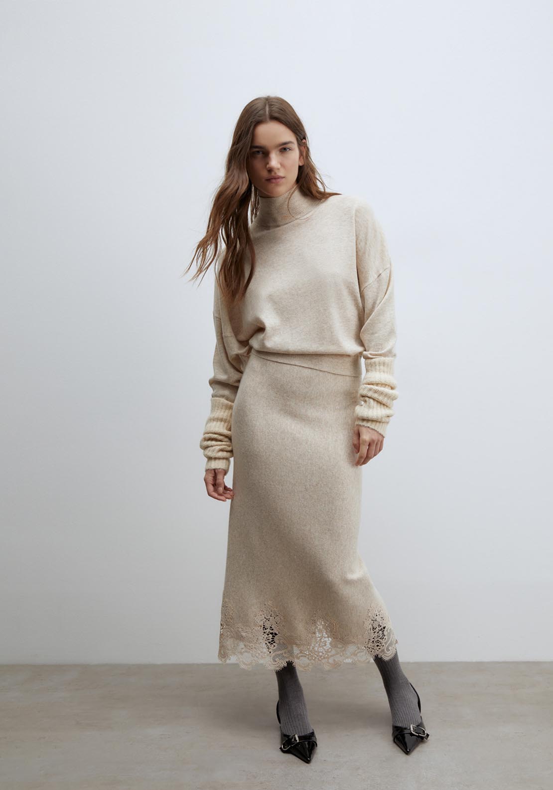 Sfera Lace detail midi skirt - Melange Mink 1 Shaws Department Stores