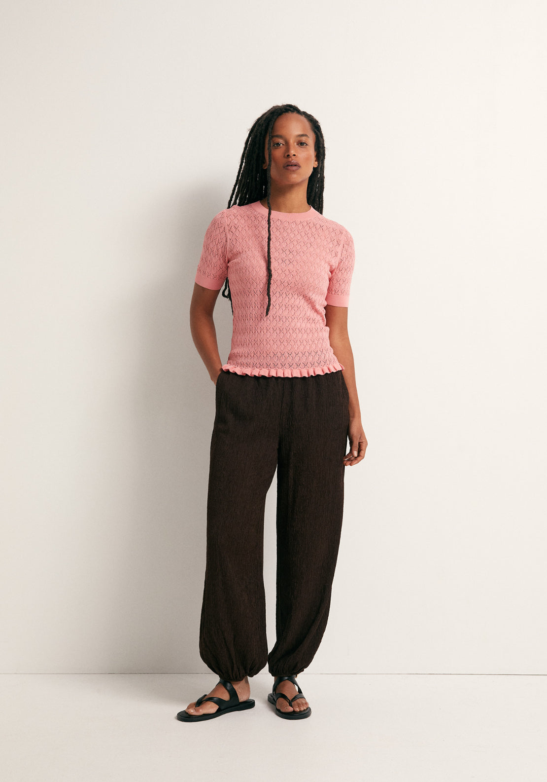 Openwork Short Sleeve Top - Pink