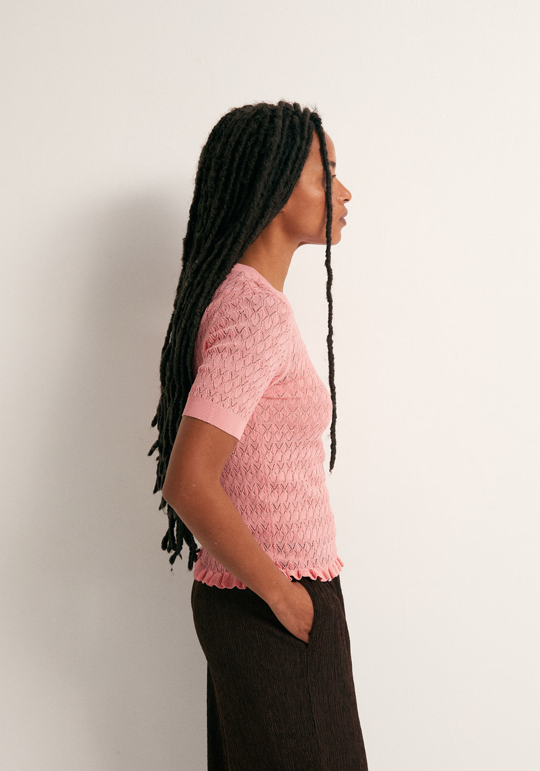 Openwork Short Sleeve Top - Pink