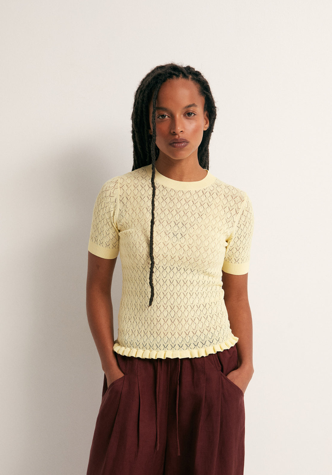 Openwork Short Sleeve Top - Yellow