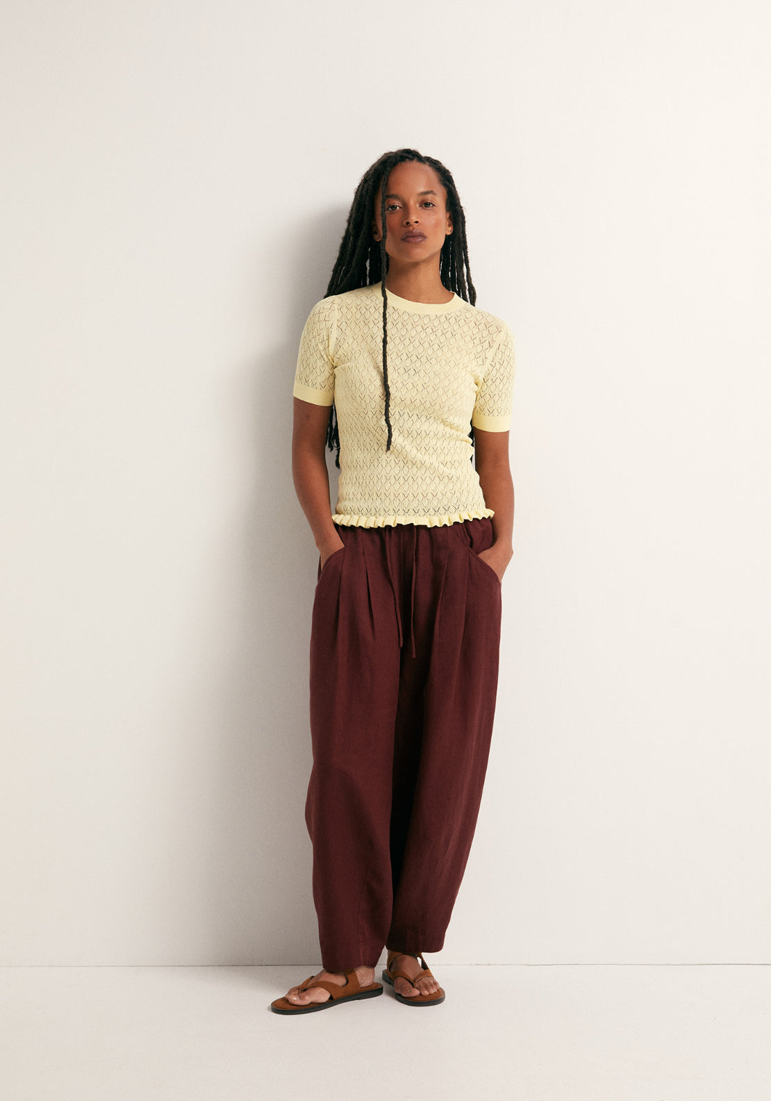 Openwork Short Sleeve Top - Yellow