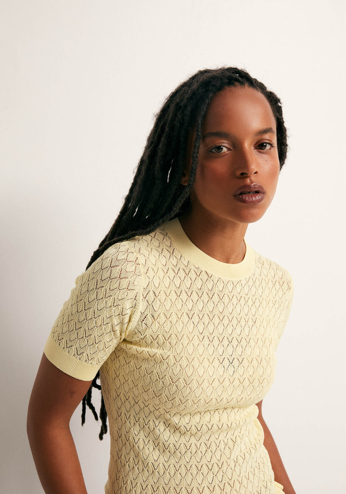 Openwork Short Sleeve Top - Yellow