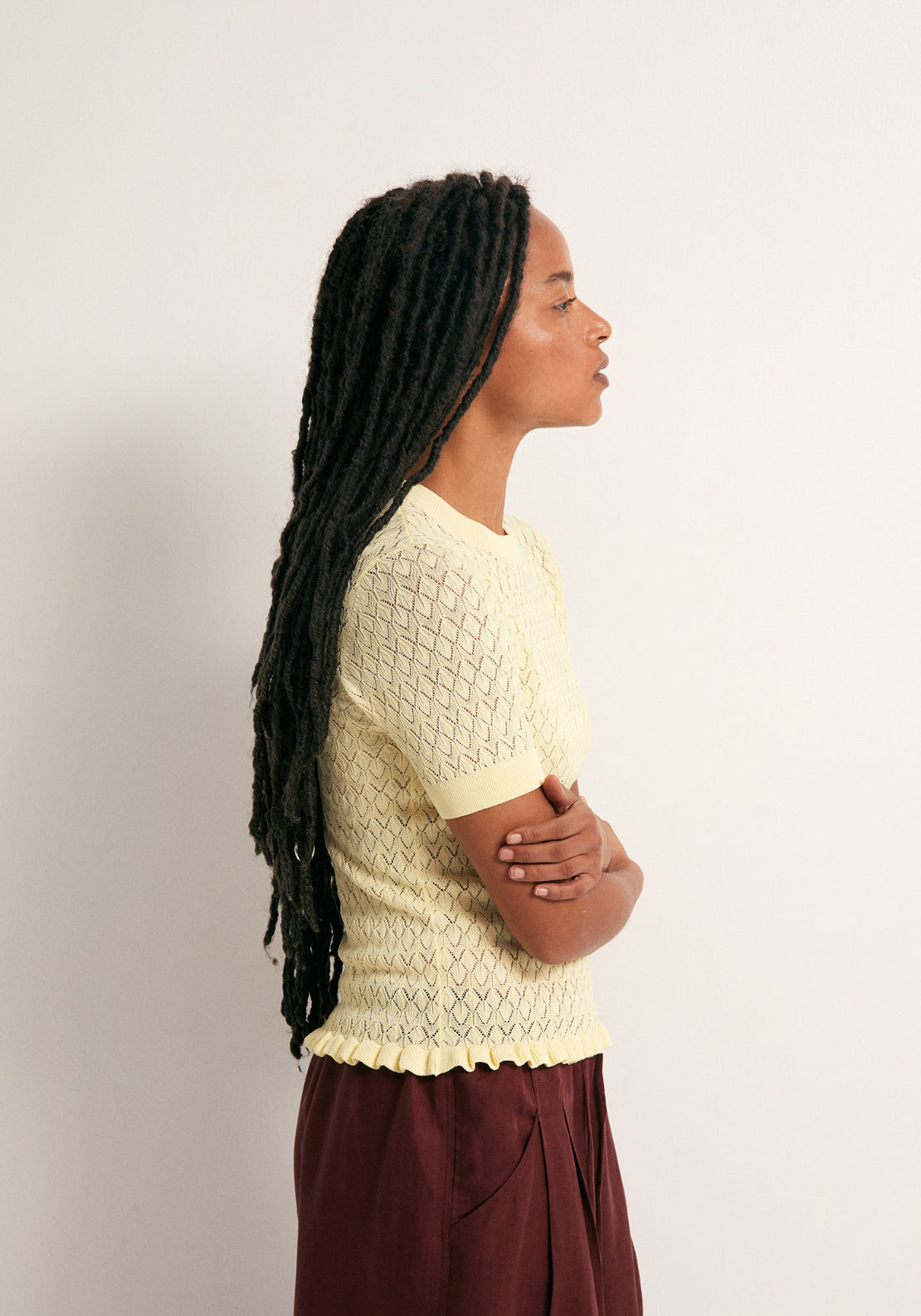 Openwork Short Sleeve Top - Yellow