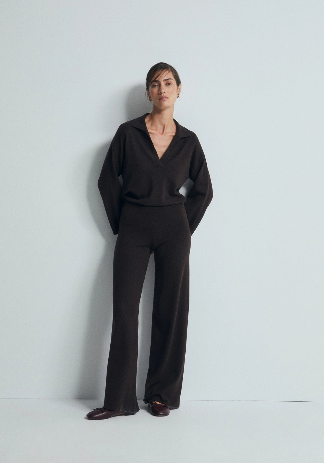 Plain Knit Trousers - Brown
