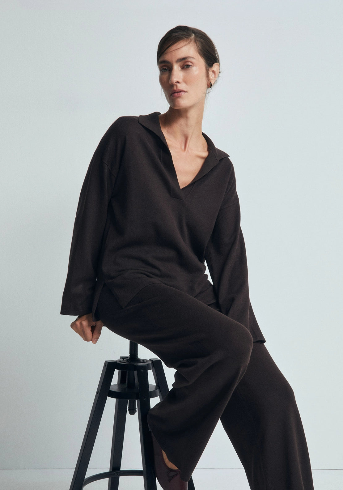 Plain Knit Trousers - Brown