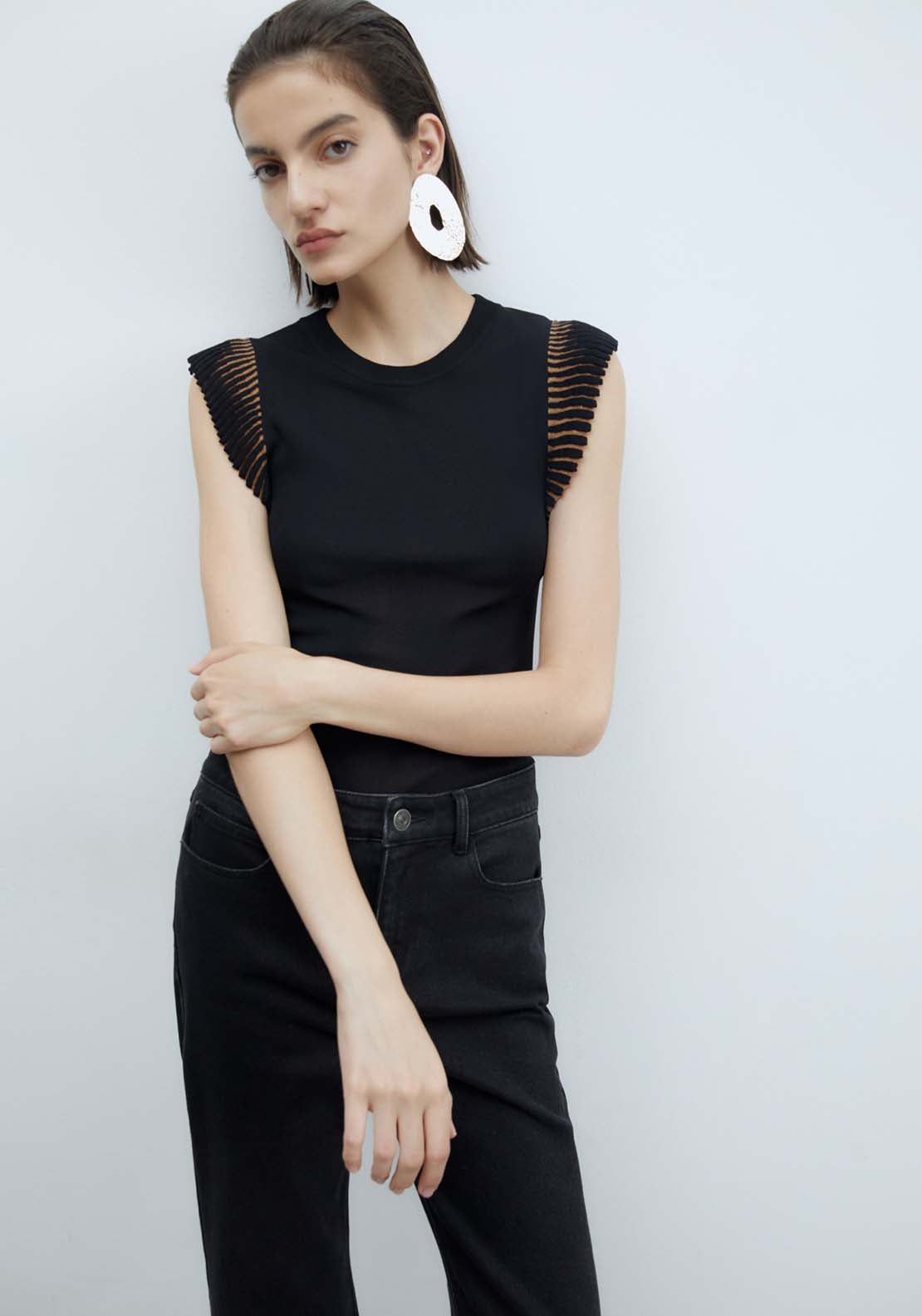 Sfera Ruffled Shoulders Top - Black 1 Shaws Department Stores