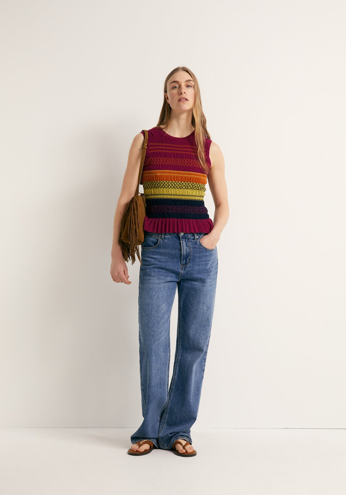 Ruched Knitted Embroidered Top - Multicolour