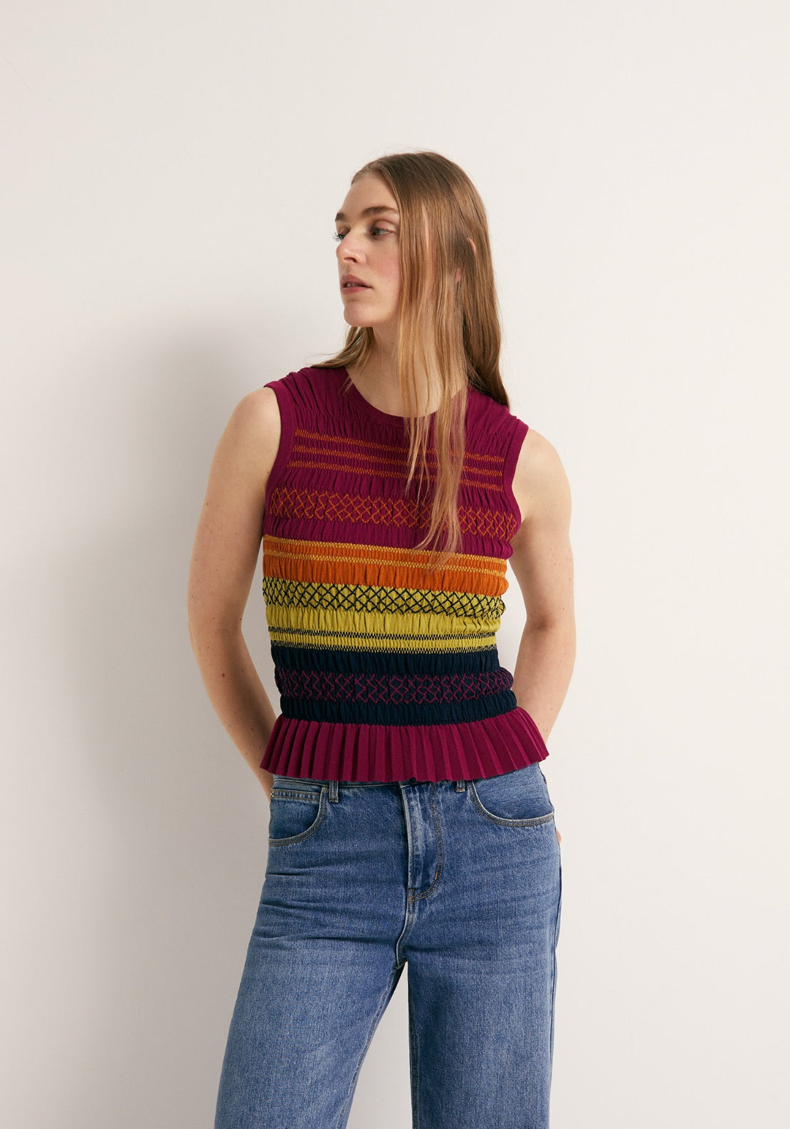 Ruched Knitted Embroidered Top - Multicolour