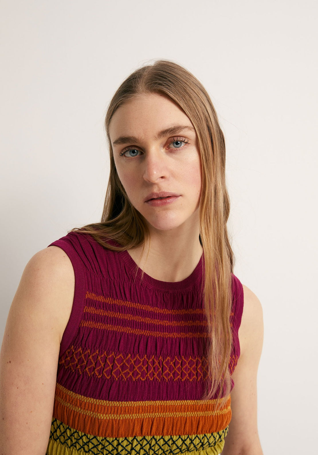 Ruched Knitted Embroidered Top - Multicolour