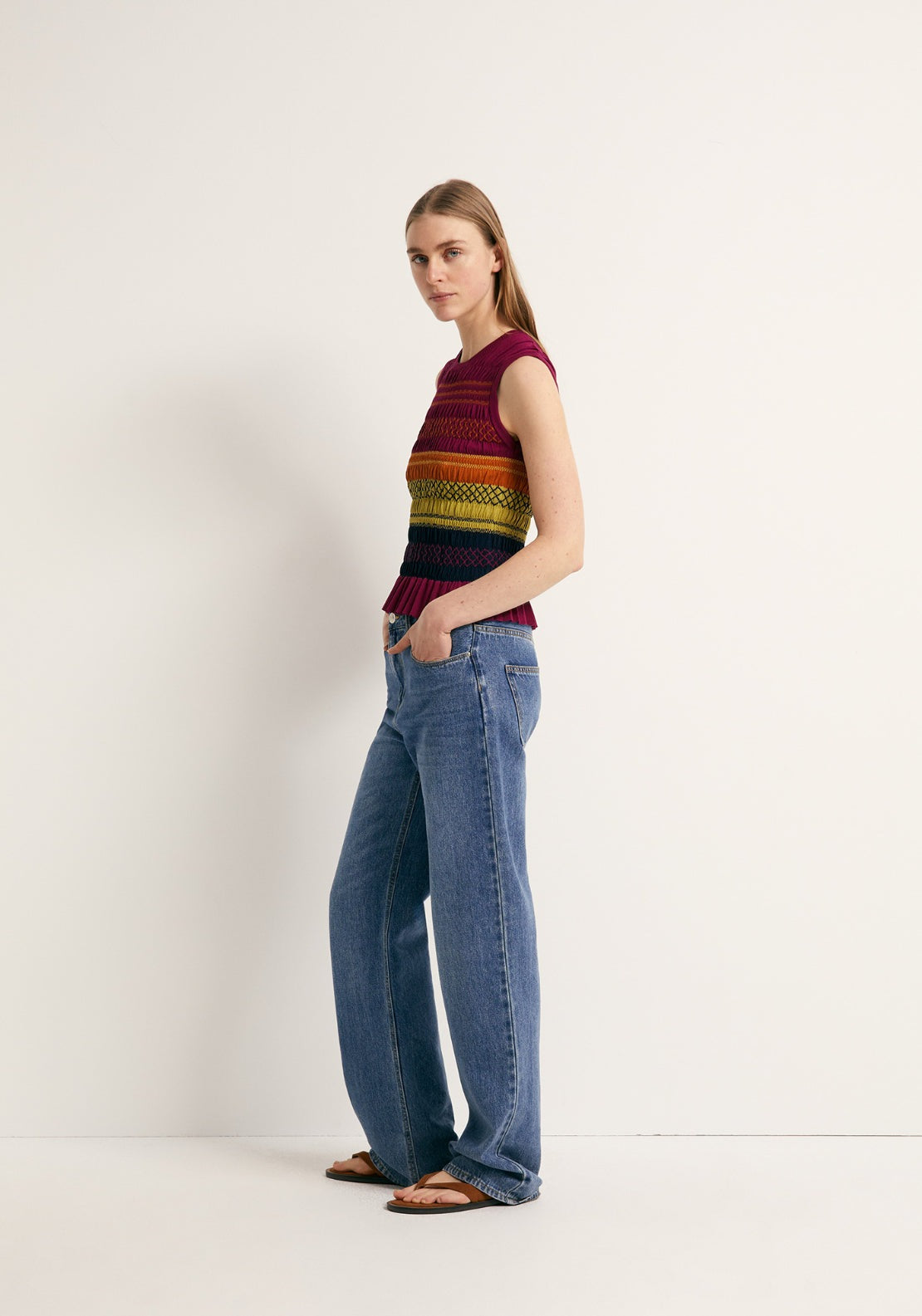 Ruched Knitted Embroidered Top - Multicolour