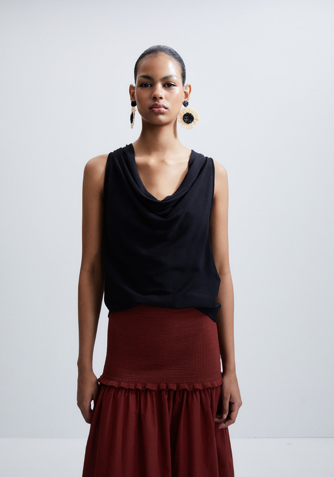 Draped Cowl-Neck Top - Black
