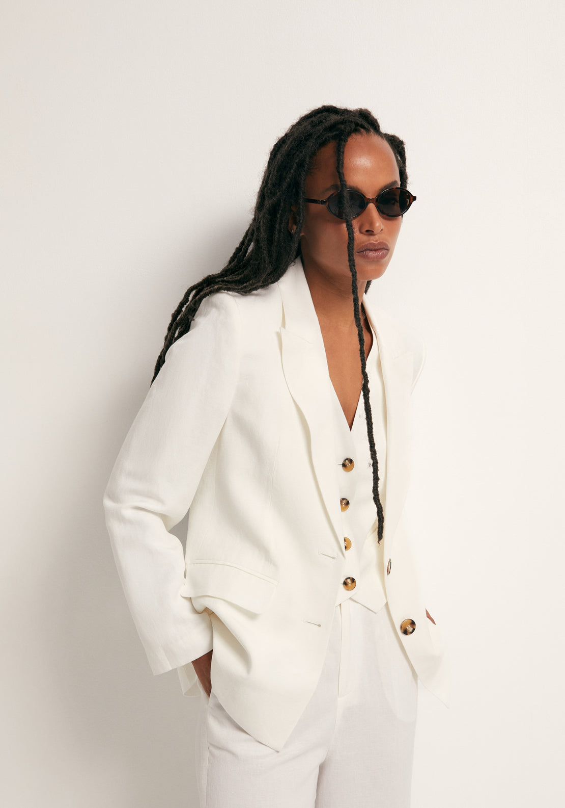 Double Breasted Linen Jacket - White