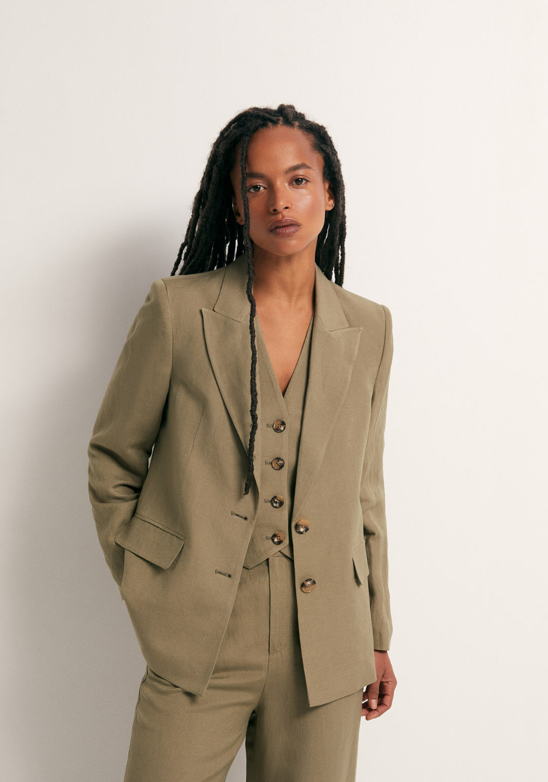 Double Breasted Linen Jacket - Beige