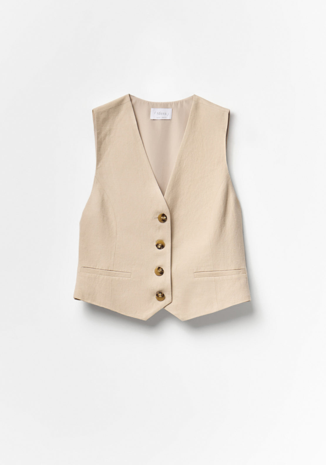 Pointed Hem Linen Waistcoat - Beige