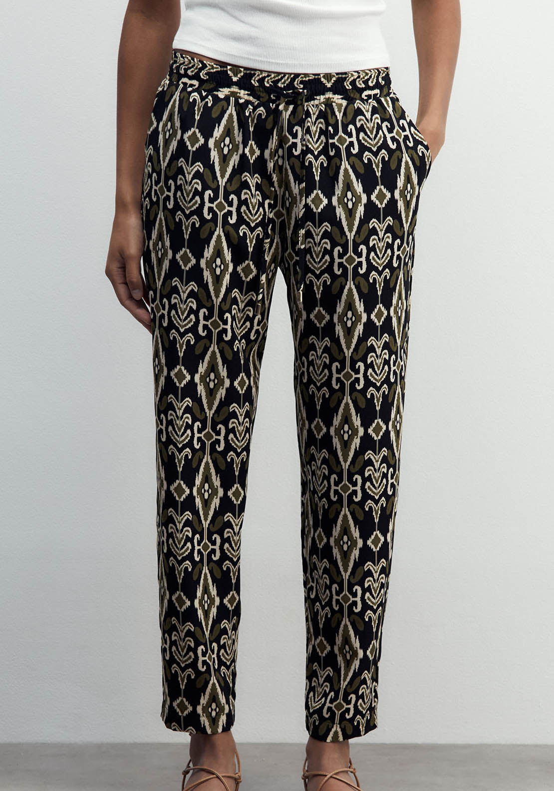 Sfera Printed Loose-Fit Trousers - Green 2 Shaws Department Stores