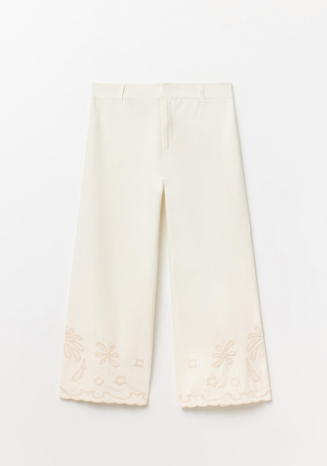 Sfera Embroidered Linen Trousers - Ecru 1 Shaws Department Stores