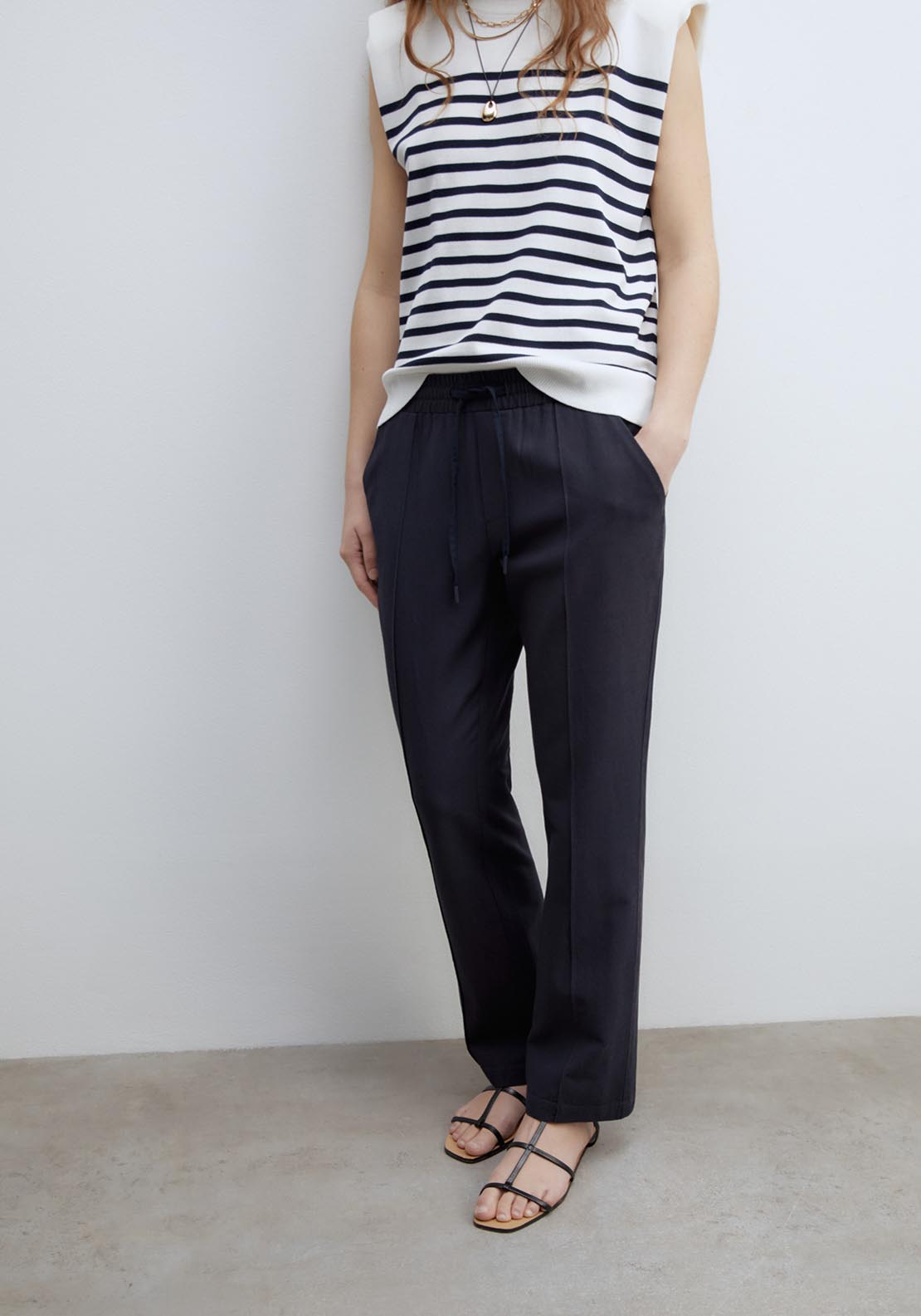 Sfera Loose Fit Linen Trousers - Navy 1 Shaws Department Stores