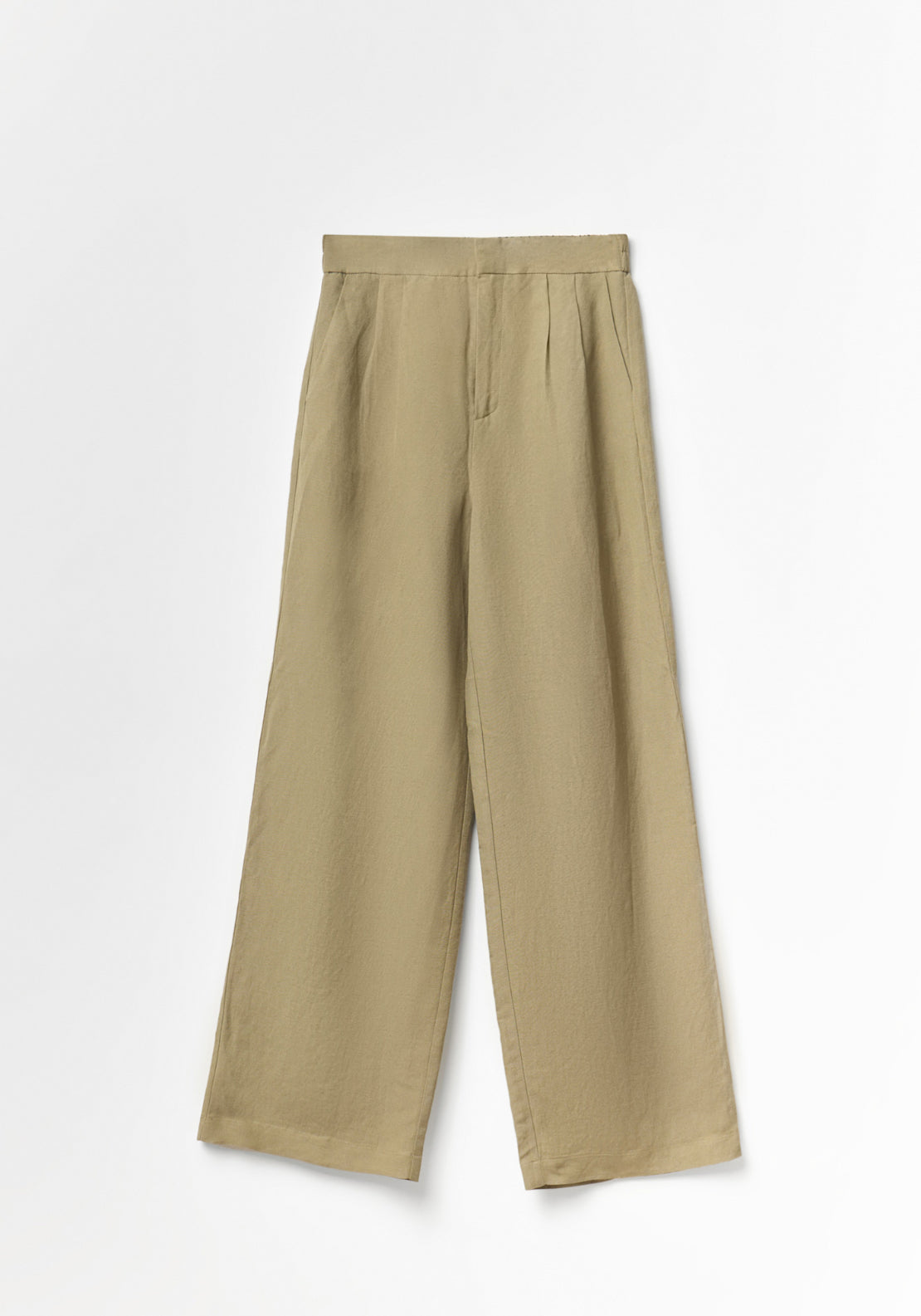 Wide Pleated Linen Trousers - Khaki
