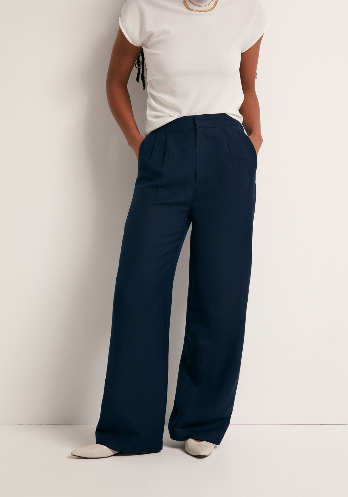 Pleated Formal Linen Trousers - Blue