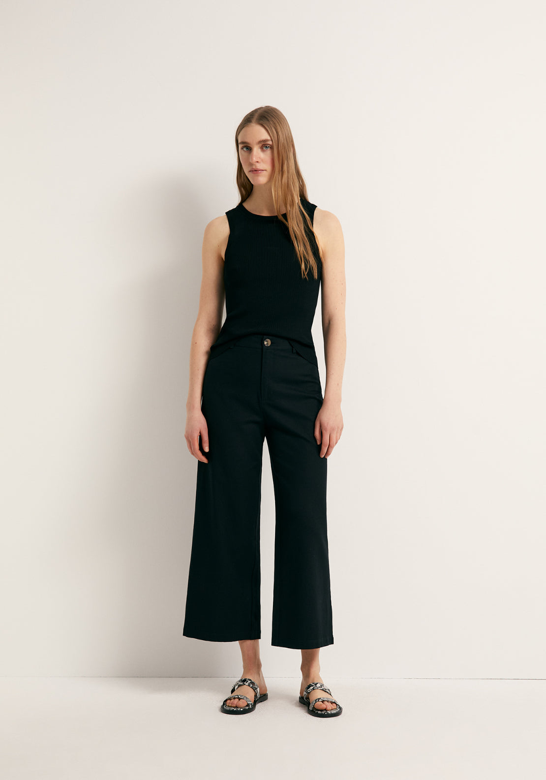 Linen Blend Culotte Trousers - Black