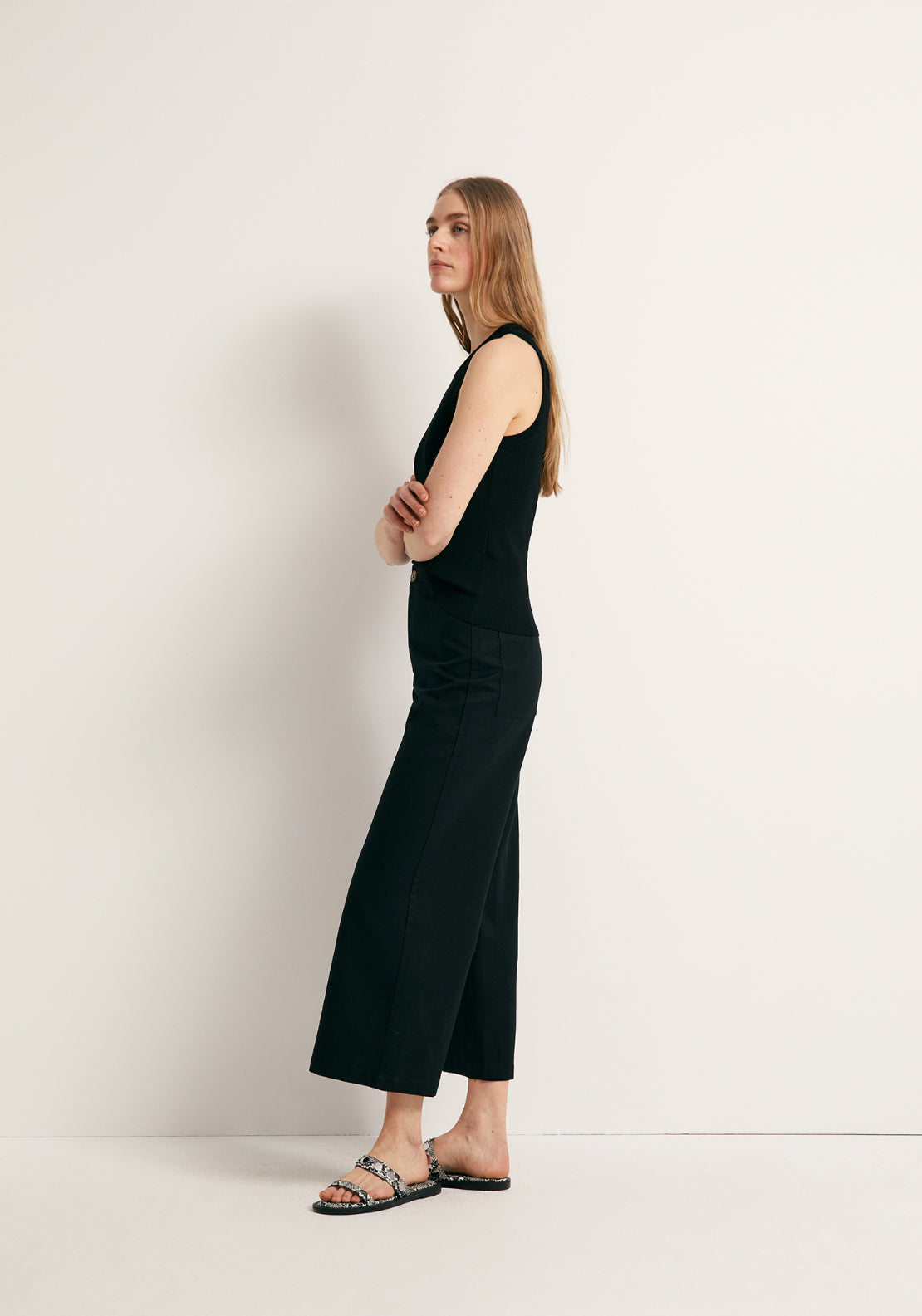 Linen Blend Culotte Trousers - Black