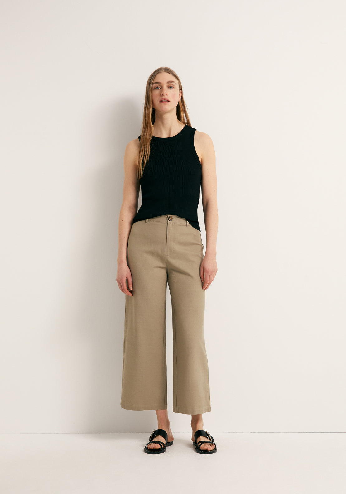 Linen Blend Culotte Trousers - Beige