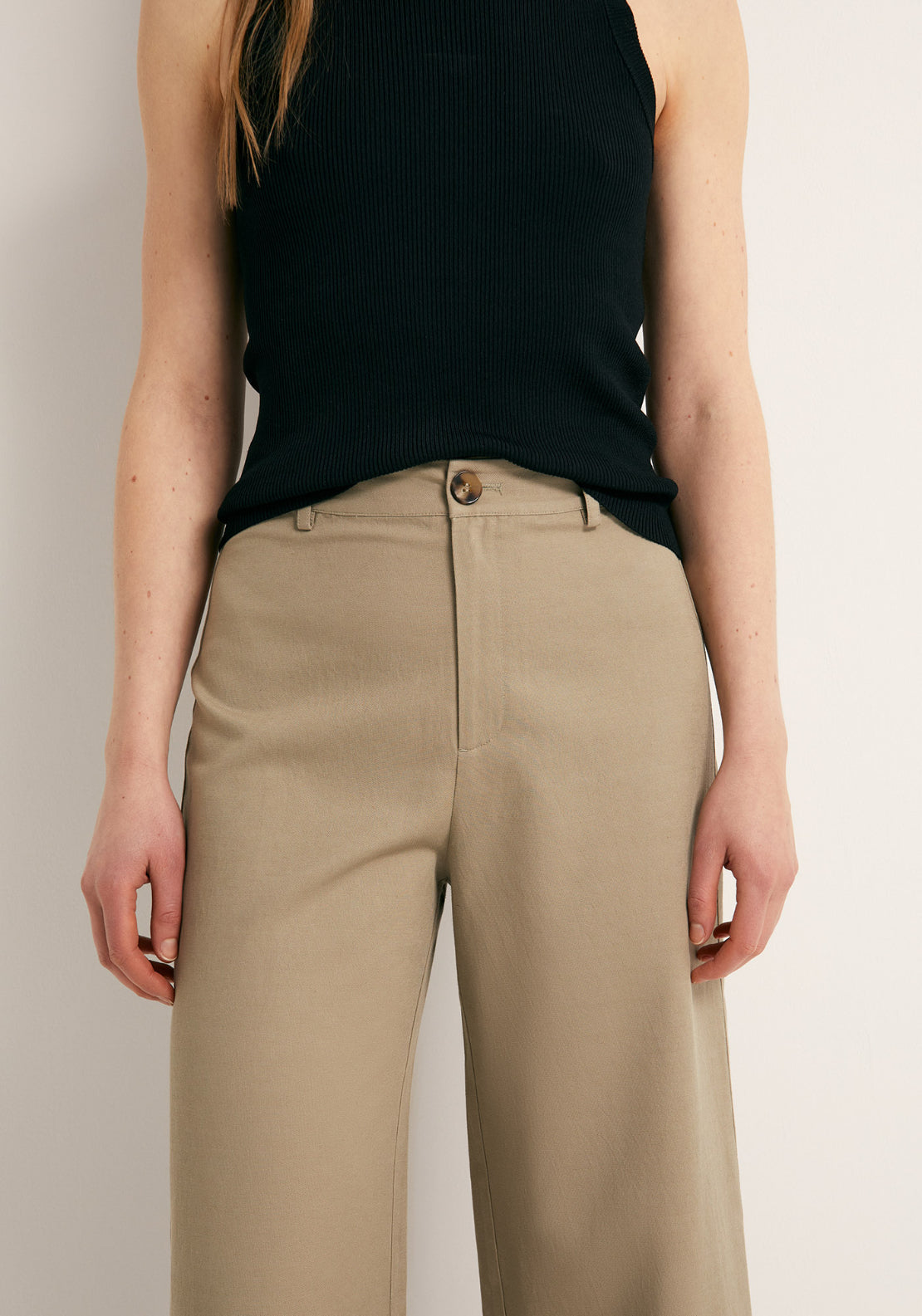 Linen Blend Culotte Trousers - Beige