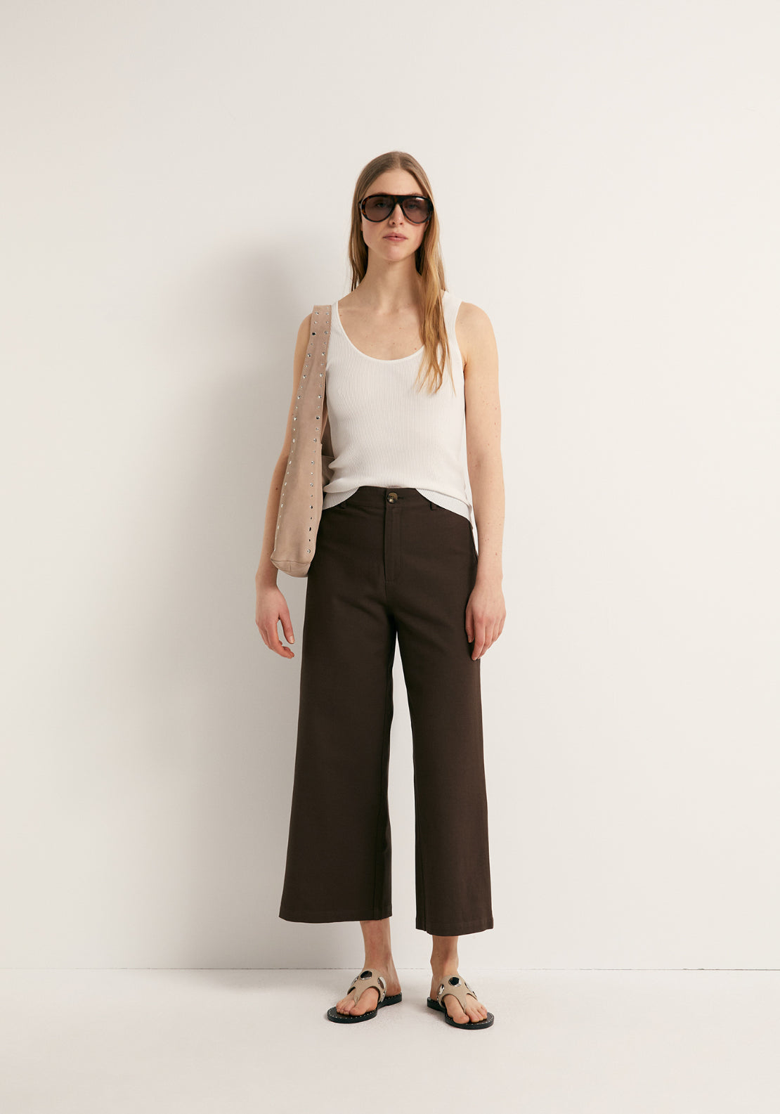 Linen Blend Culotte Trousers - Brown
