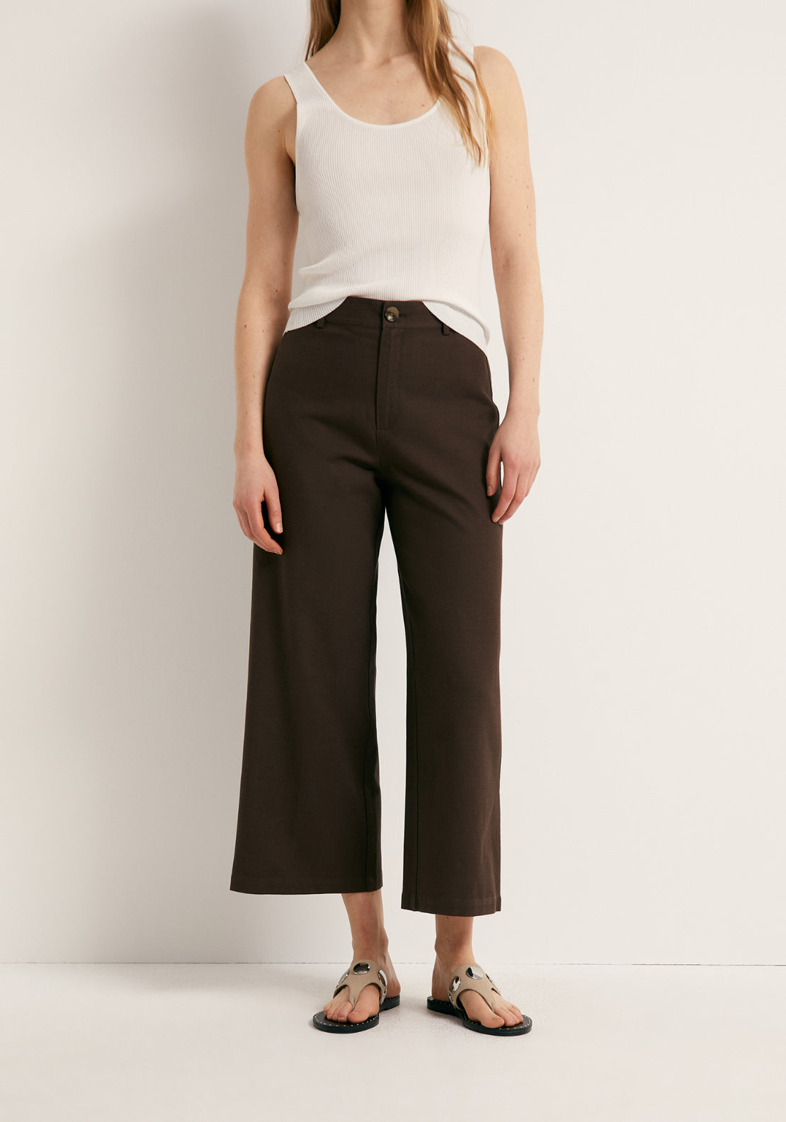 Linen Blend Culotte Trousers - Brown