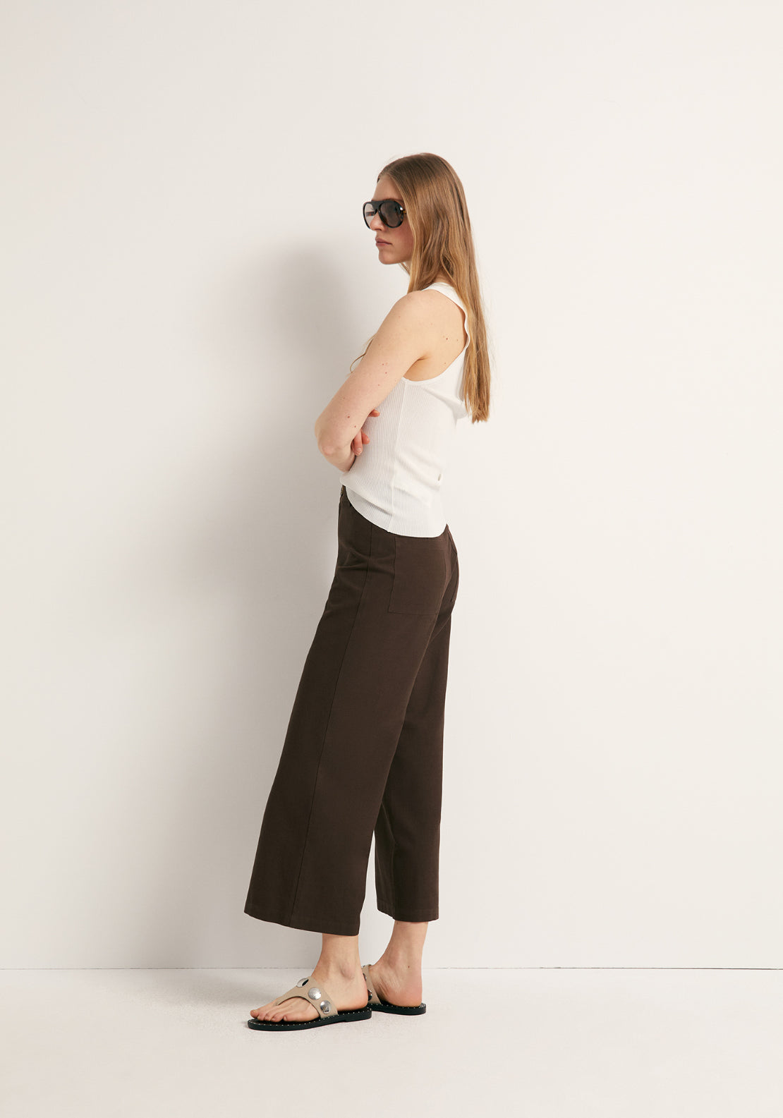 Linen Blend Culotte Trousers - Brown