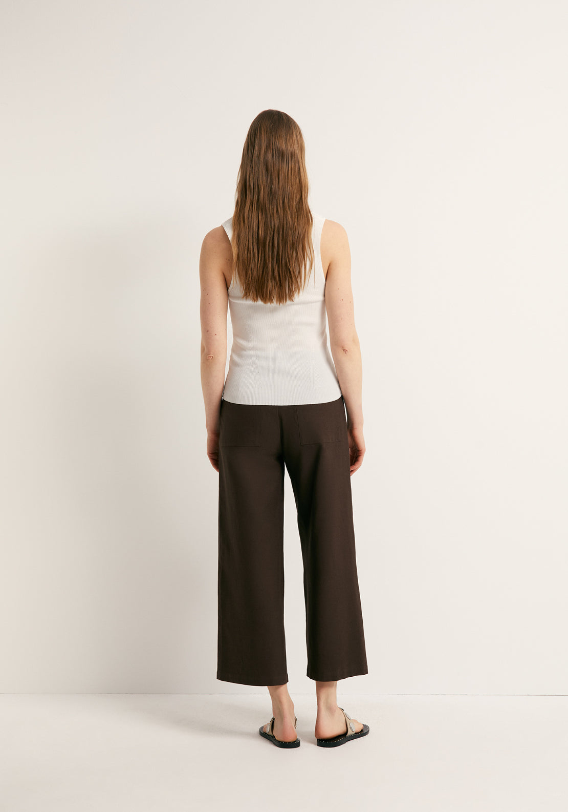 Linen Blend Culotte Trousers - Brown