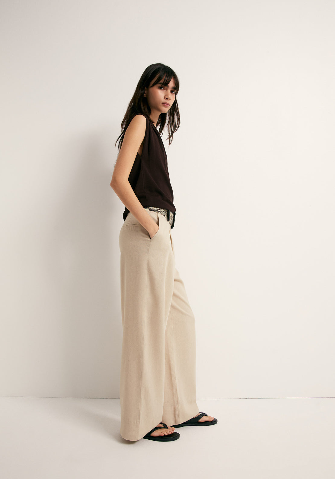 Linen Wide Leg Trousers - Beige