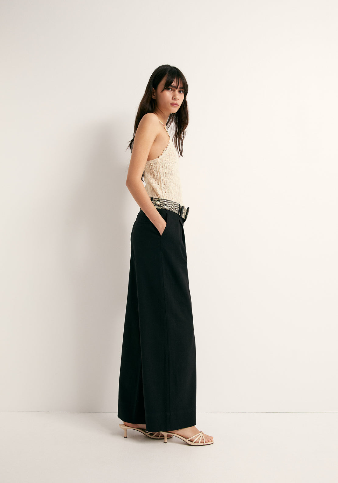 Linen Wide Leg Trousers - Black