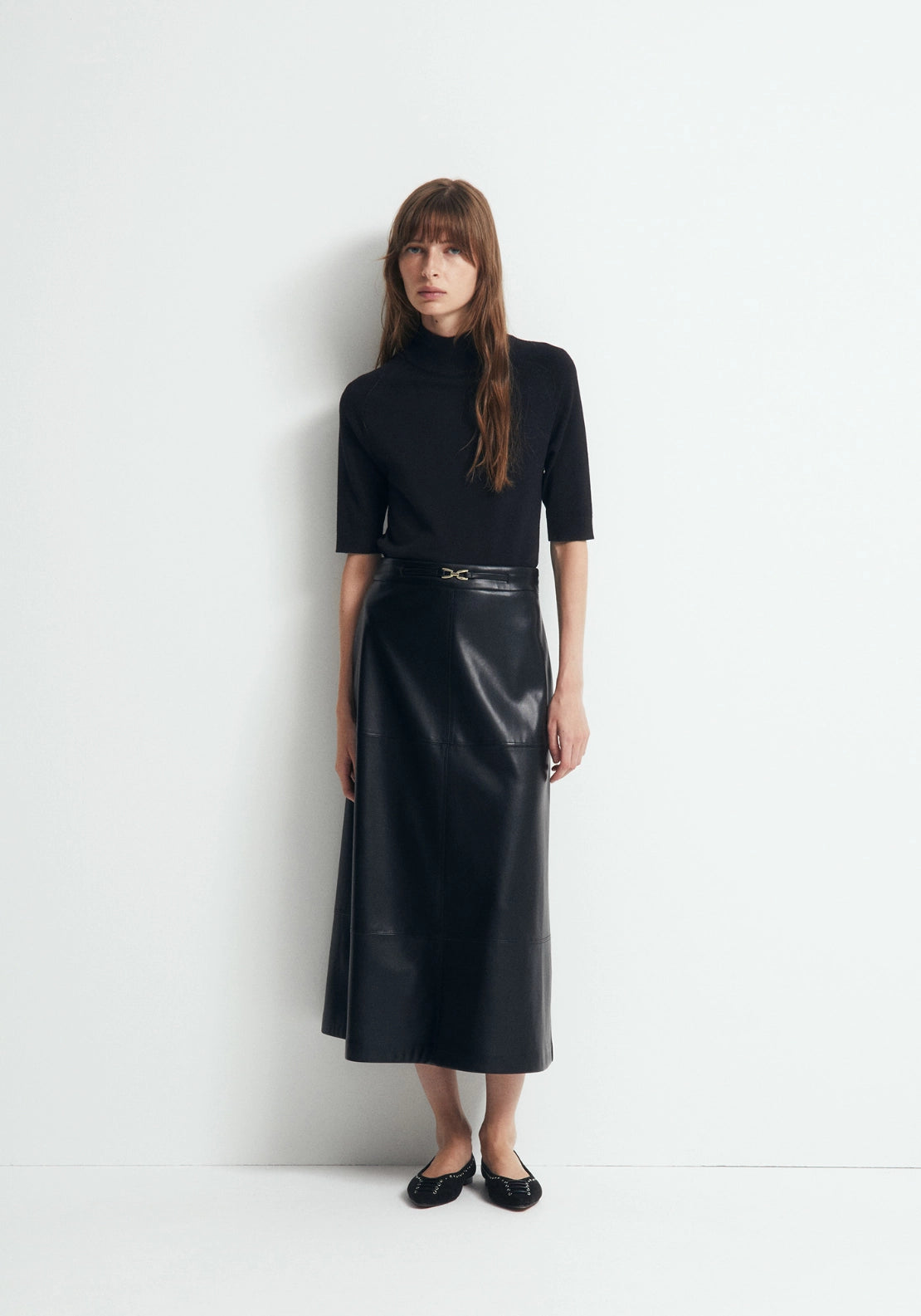 Faux Leather Belted Skirt - Black