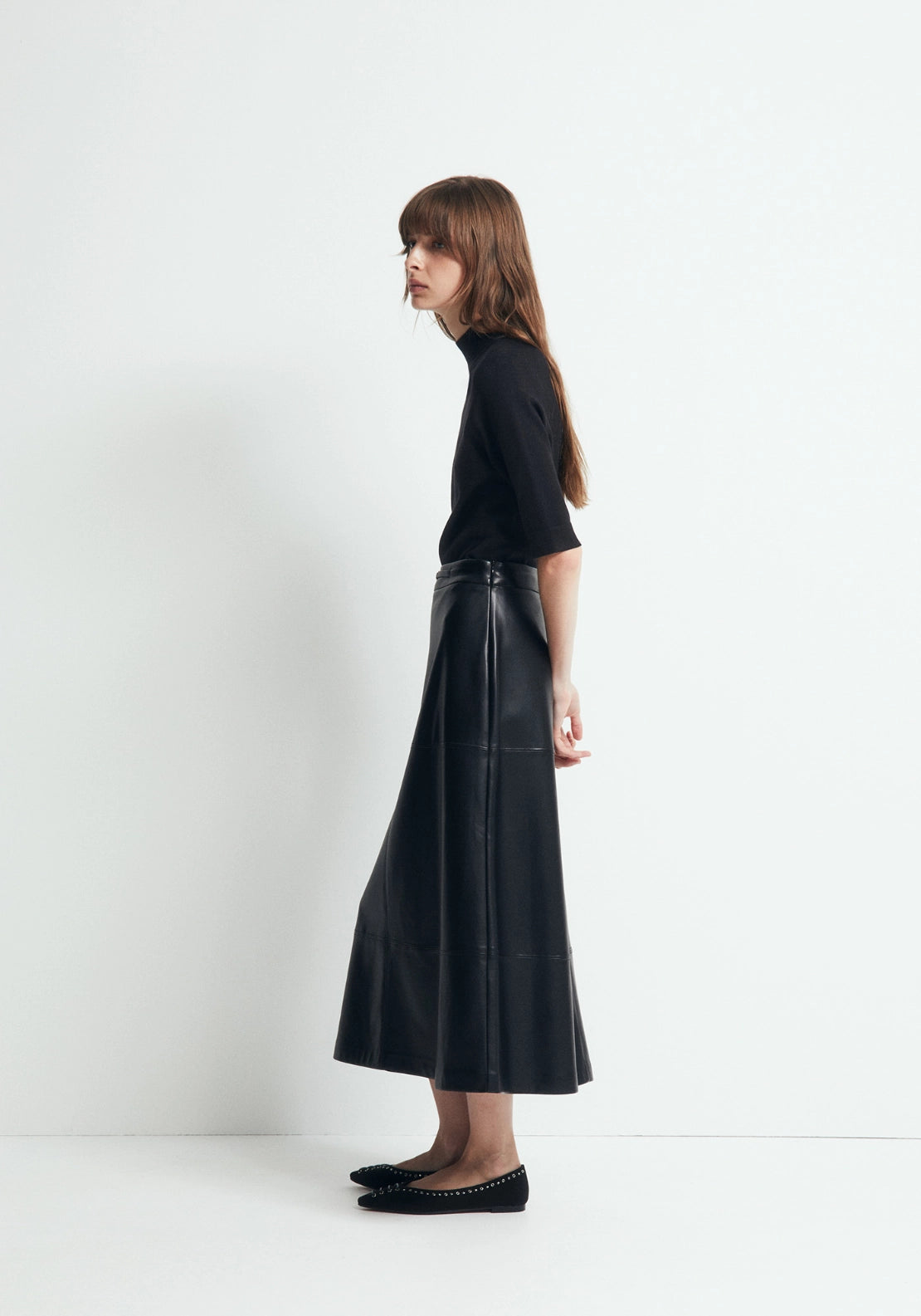 Faux Leather Belted Skirt - Black