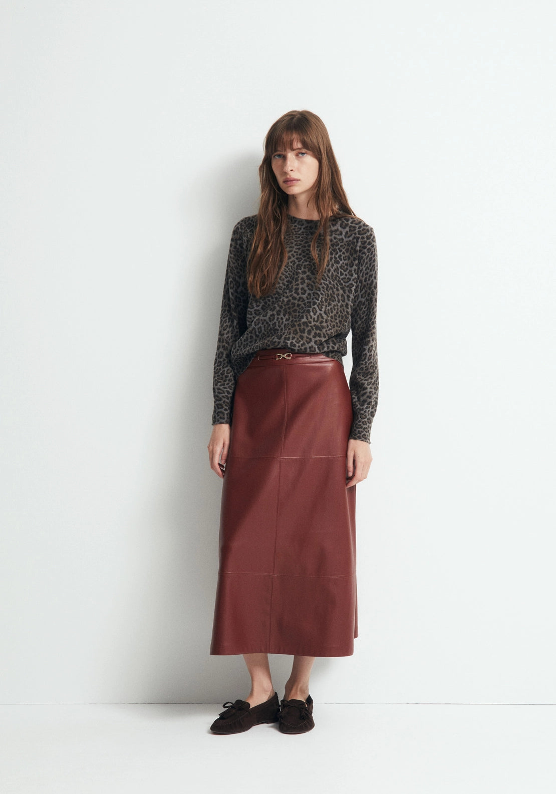 Faux Leather Belted Skirt - Red