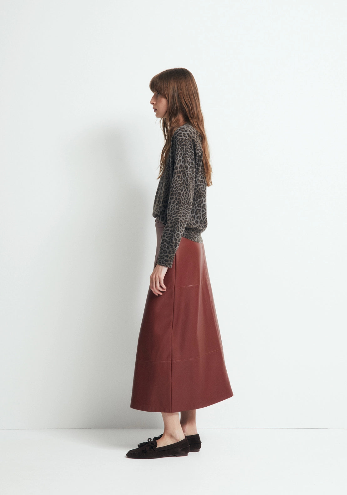 Faux Leather Belted Skirt - Red