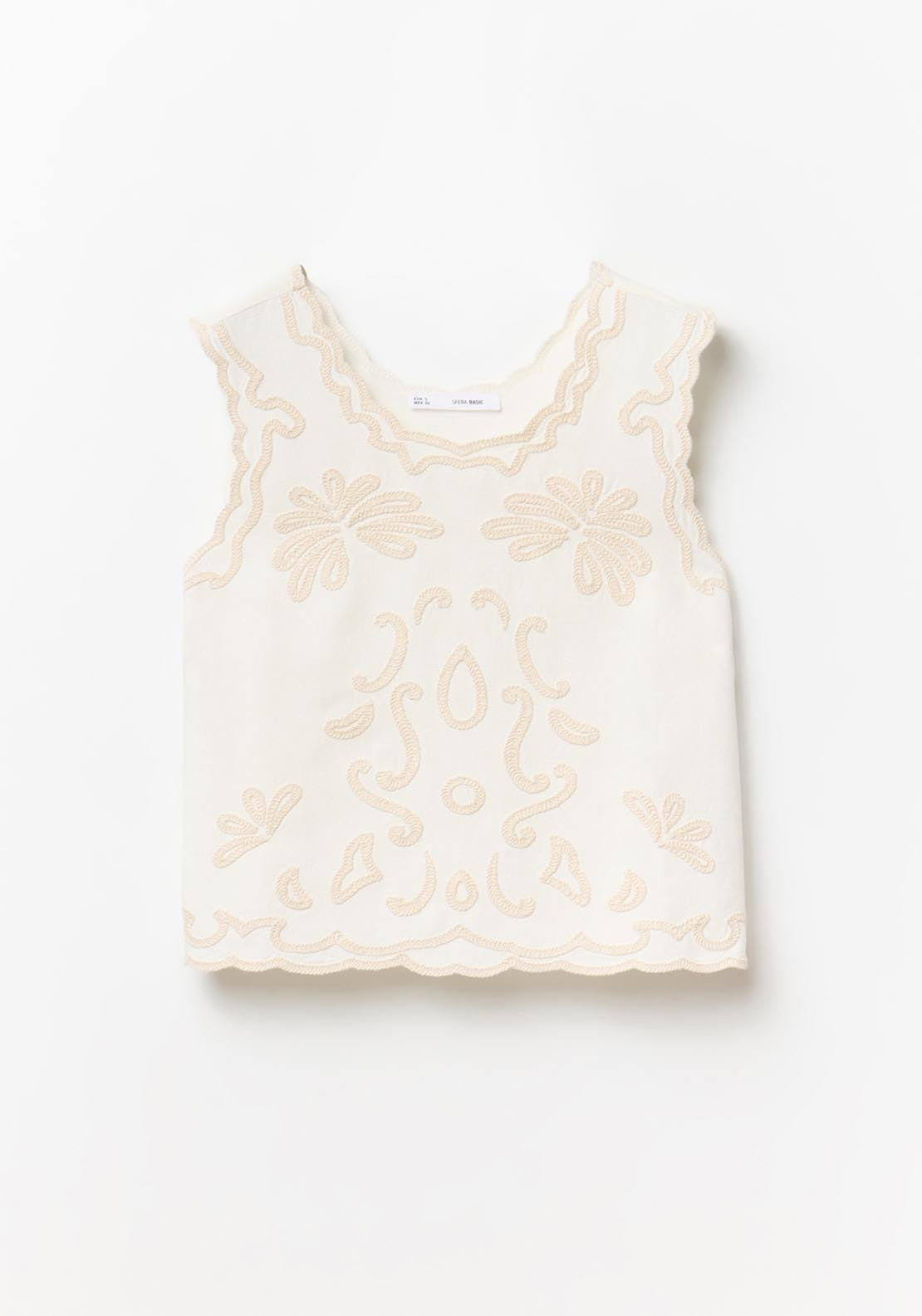 Sfera Embroidered Linen Top - Ecru 1 Shaws Department Stores