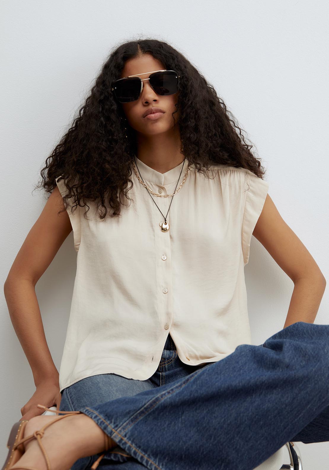Sfera Buttons Loose Fit Top - Beige 6 Shaws Department Stores