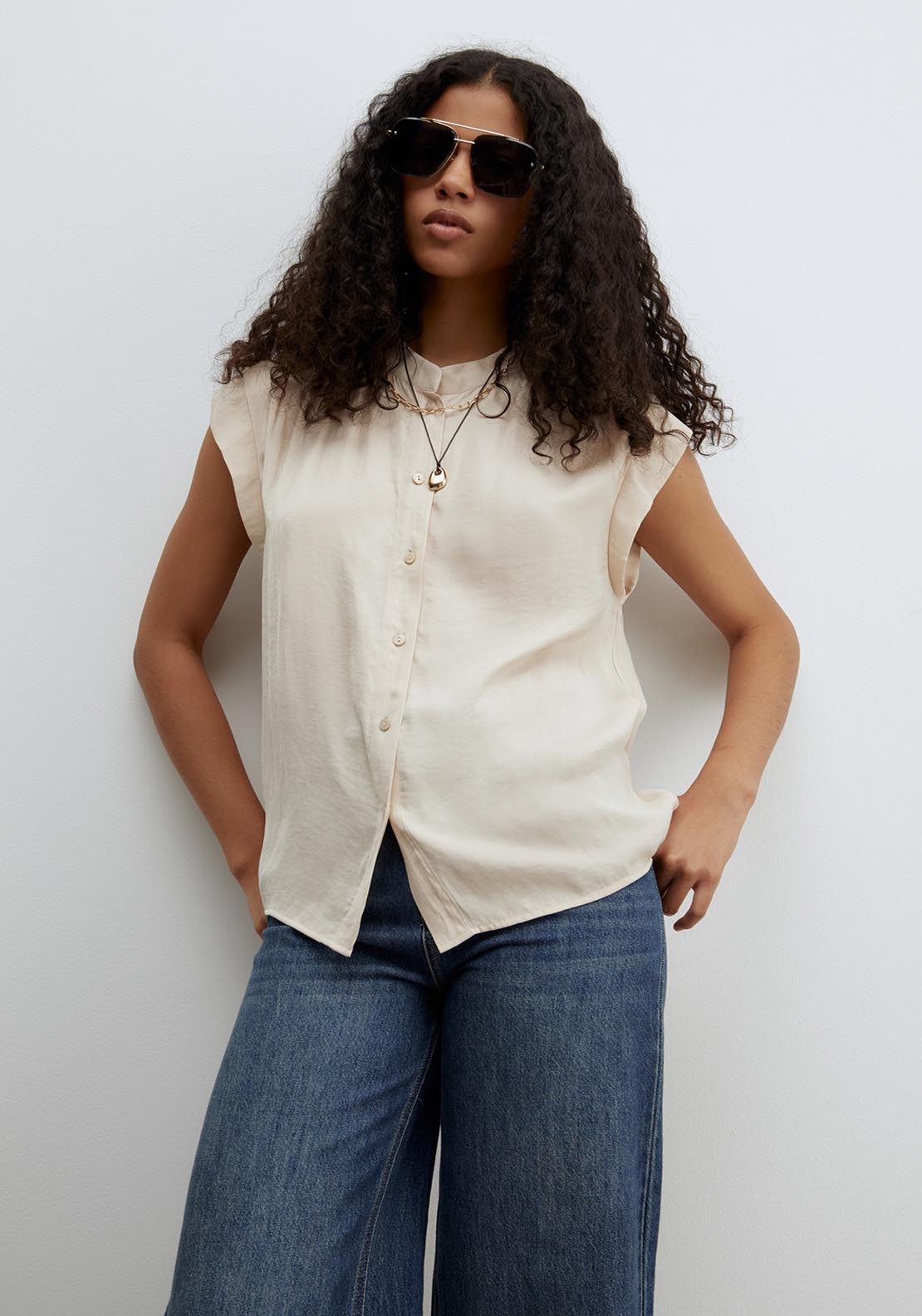 Sfera Buttons Loose Fit Top - Beige 1 Shaws Department Stores