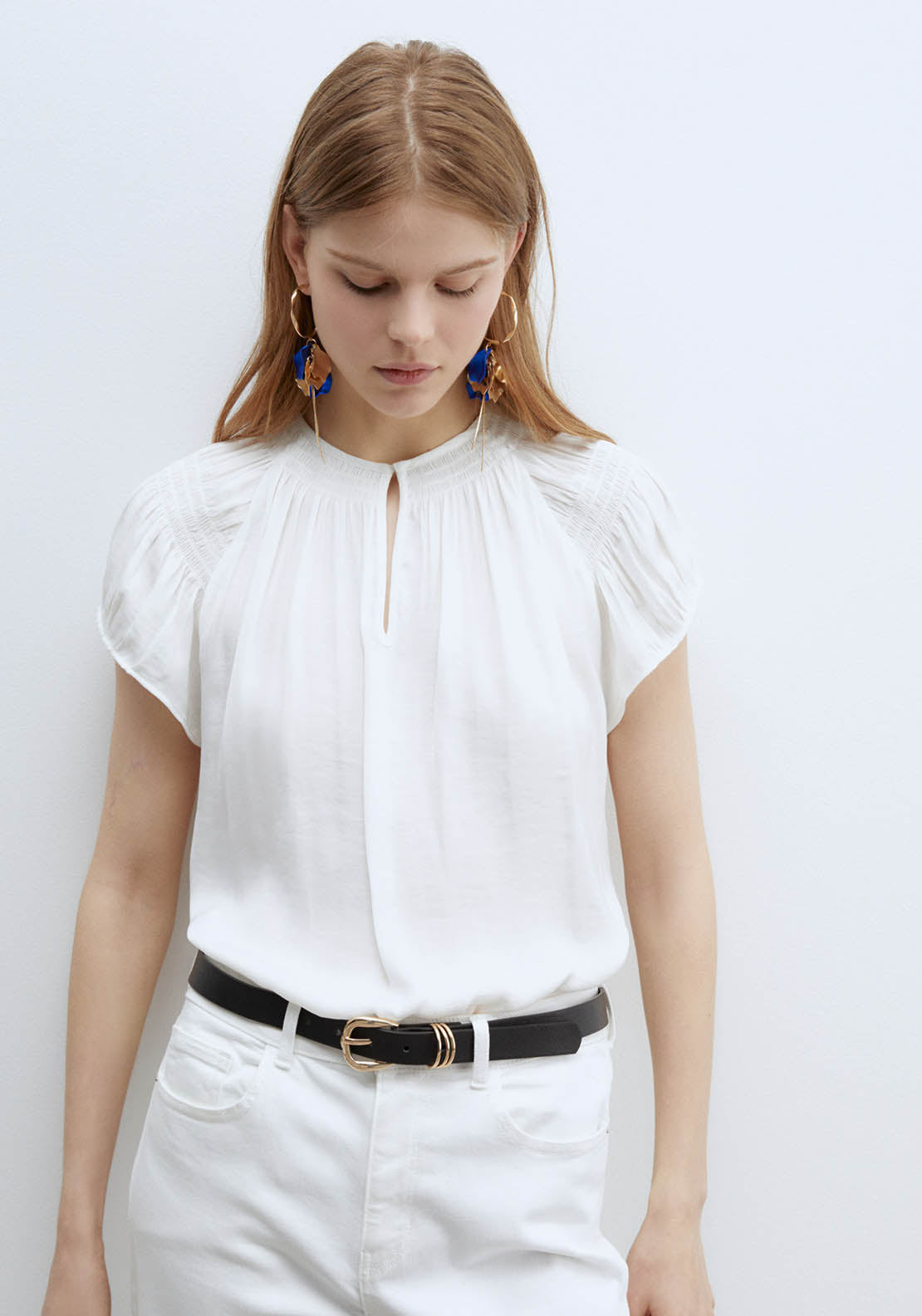Sfera Round-Neck Elasticated Blouse - White 3 Shaws Department Stores