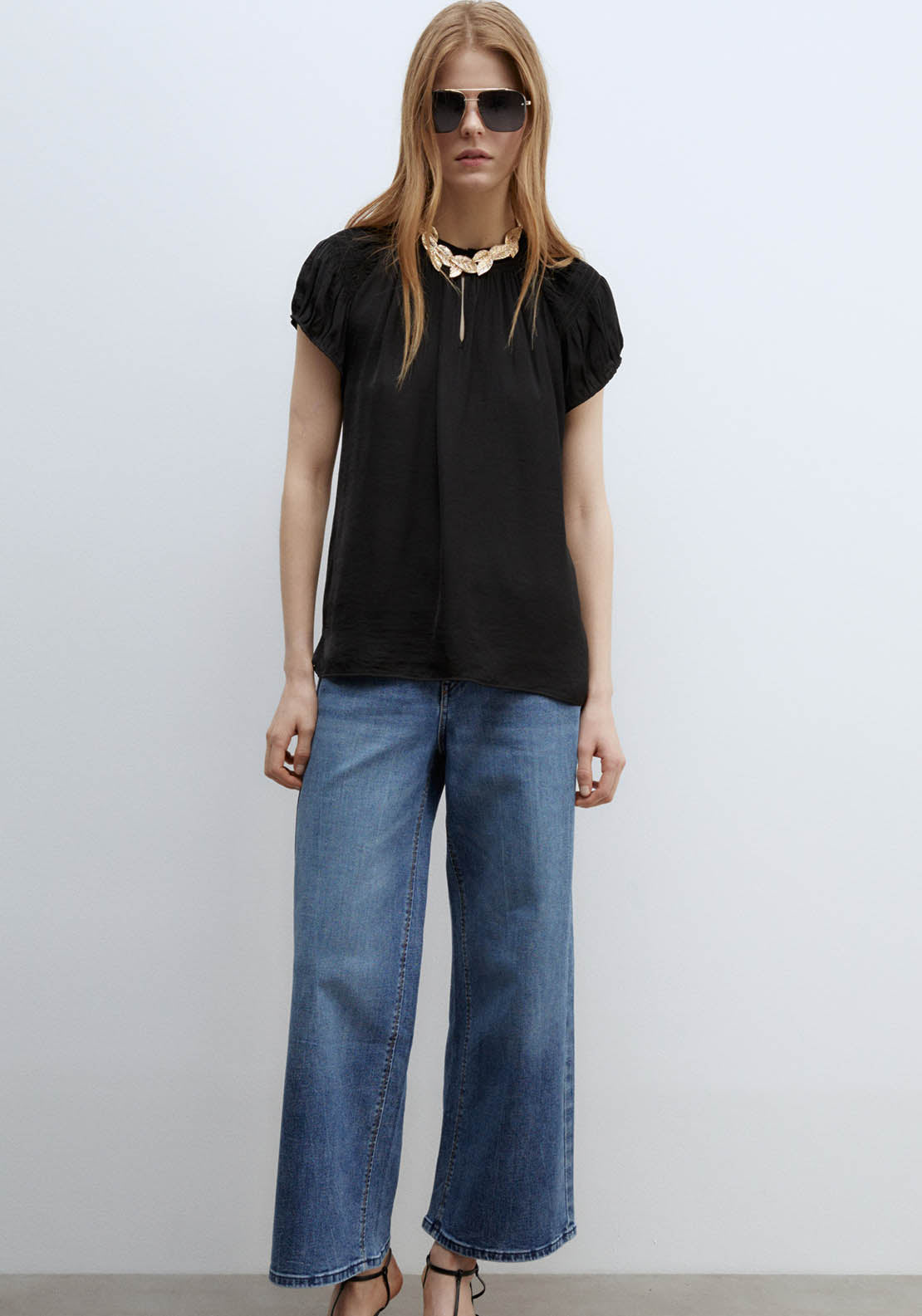 Sfera Round-Neck Elasticated Blouse - Black 1 Shaws Department Stores