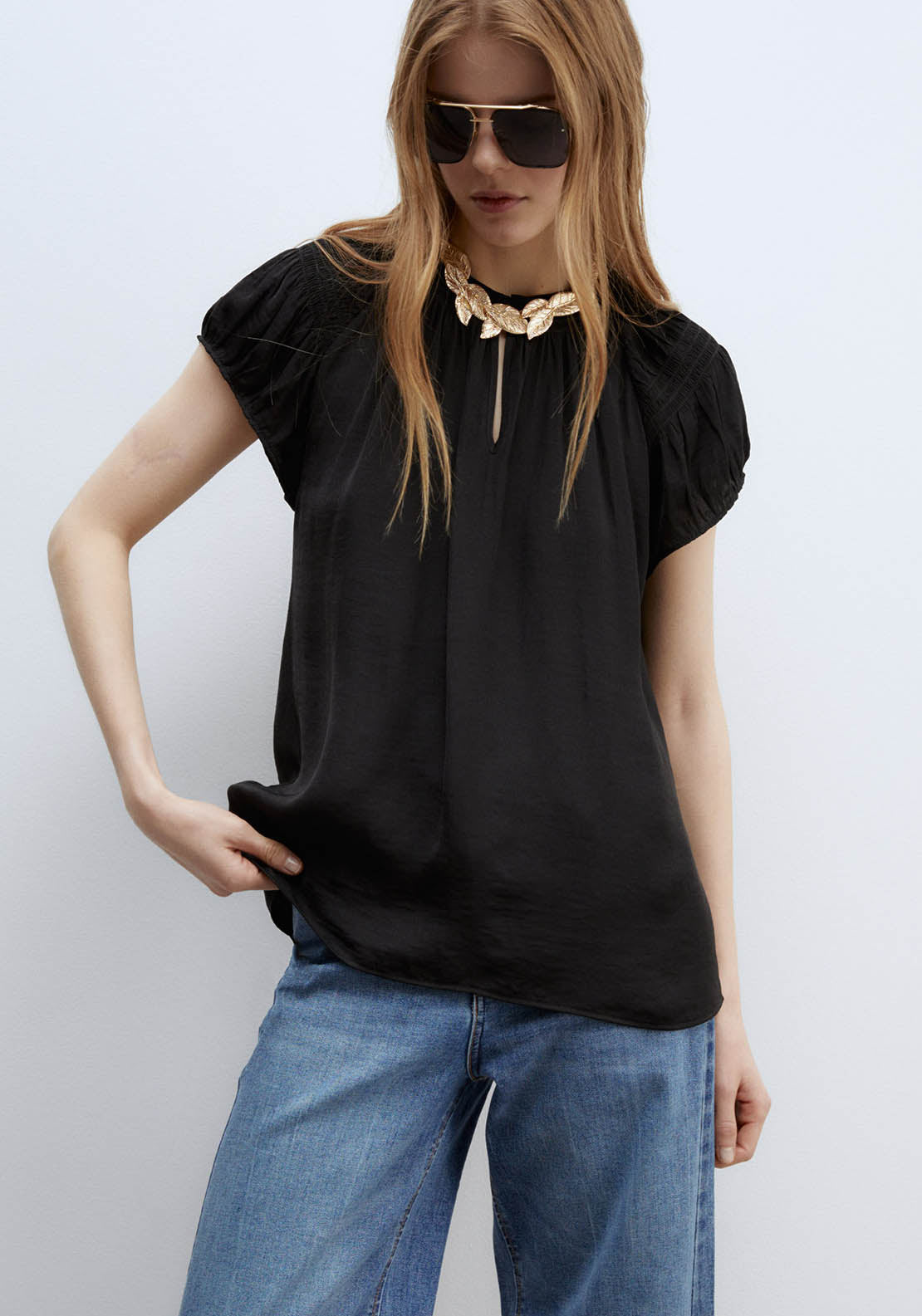 Sfera Round-Neck Elasticated Blouse - Black 2 Shaws Department Stores