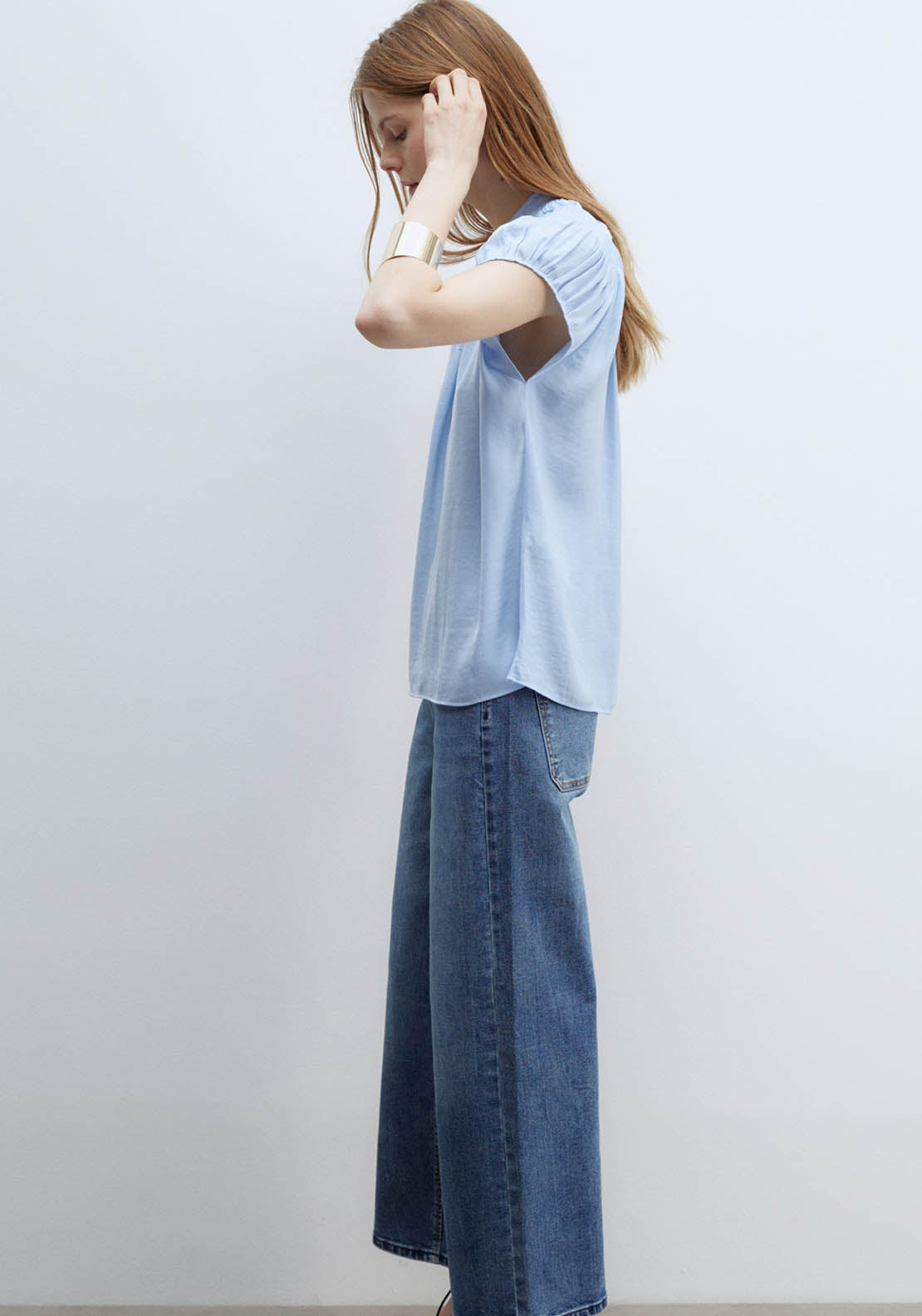 Sfera Round-Neck Elasticated Blouse - Blue Light 3 Shaws Department Stores