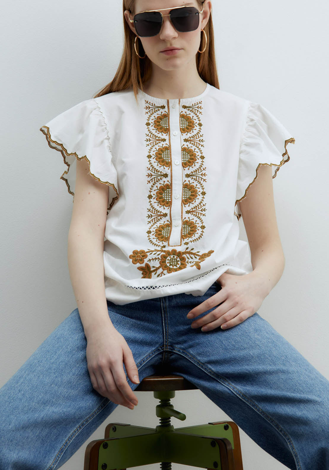 Sfera Ruffles Embroidered Blouse - Green 1 Shaws Department Stores