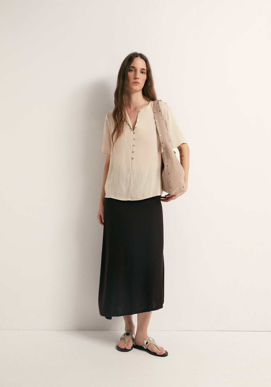Short-Sleeved V-Neck Blouse - Beige