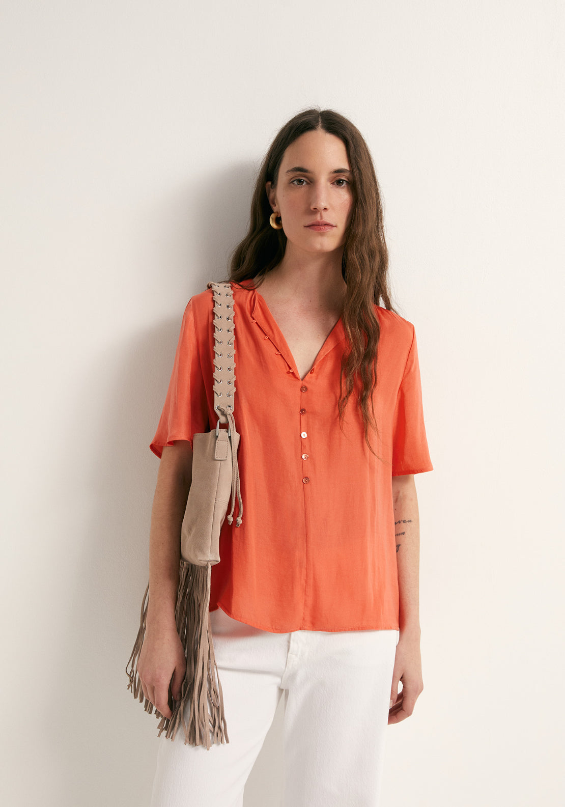 Relaxed Top Button Detail Blouse - Coral