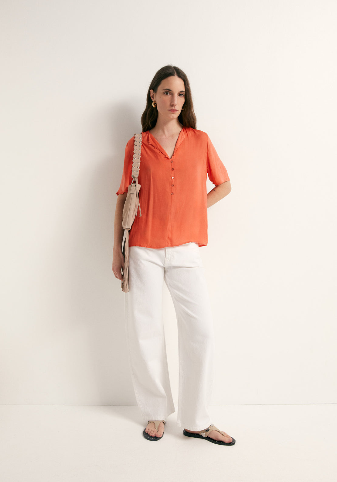Relaxed Top Button Detail Blouse - Coral