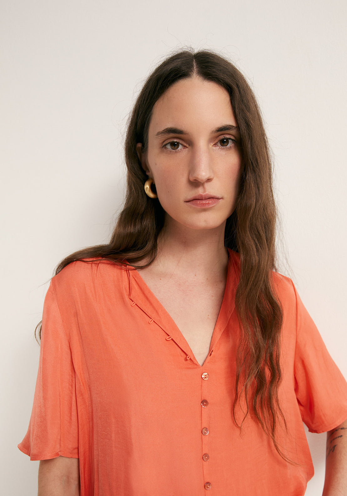 Relaxed Top Button Detail Blouse - Coral